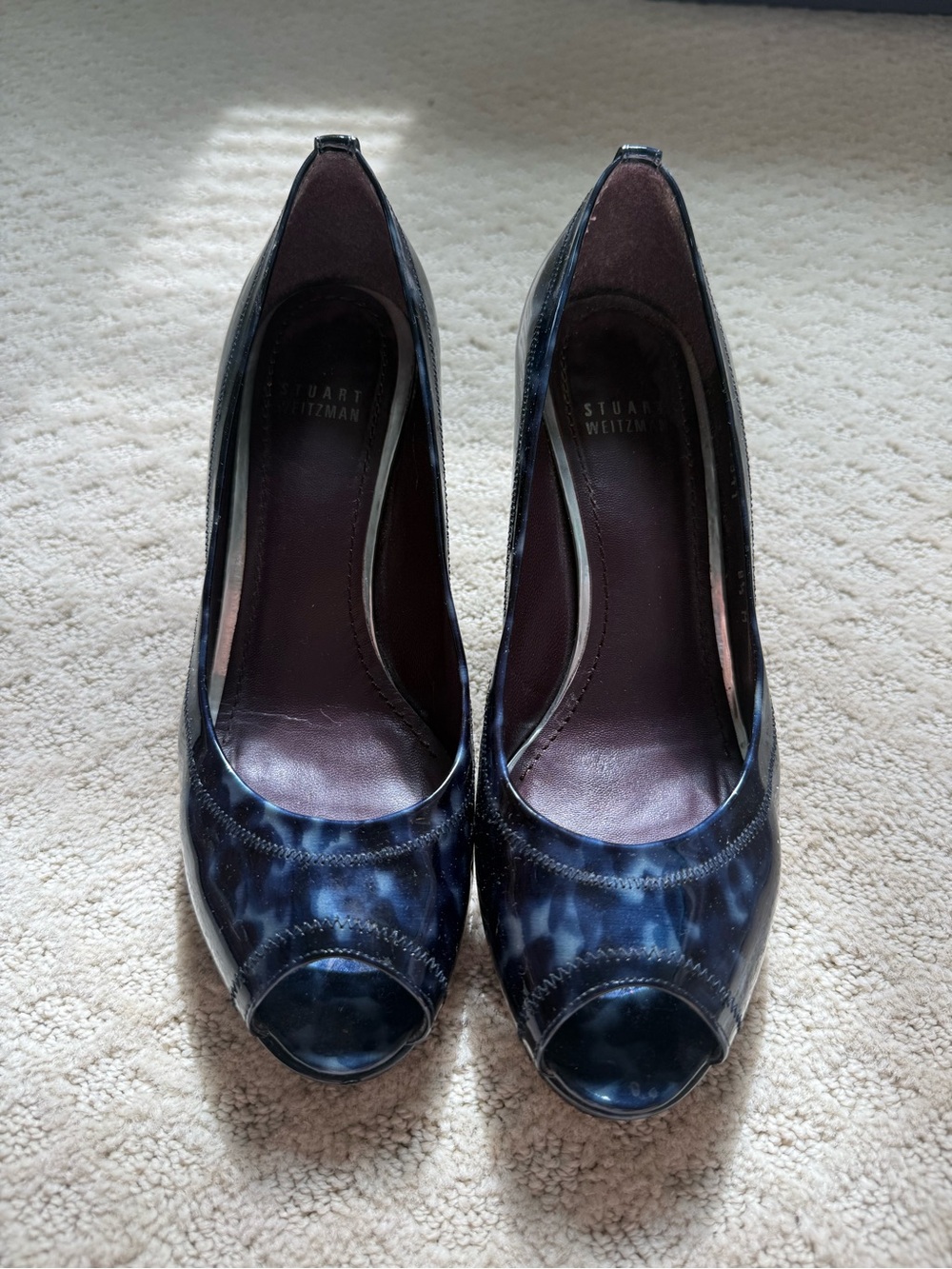 Stuart Weitzman Navy Marbled Patent Peep-Toe Pumps